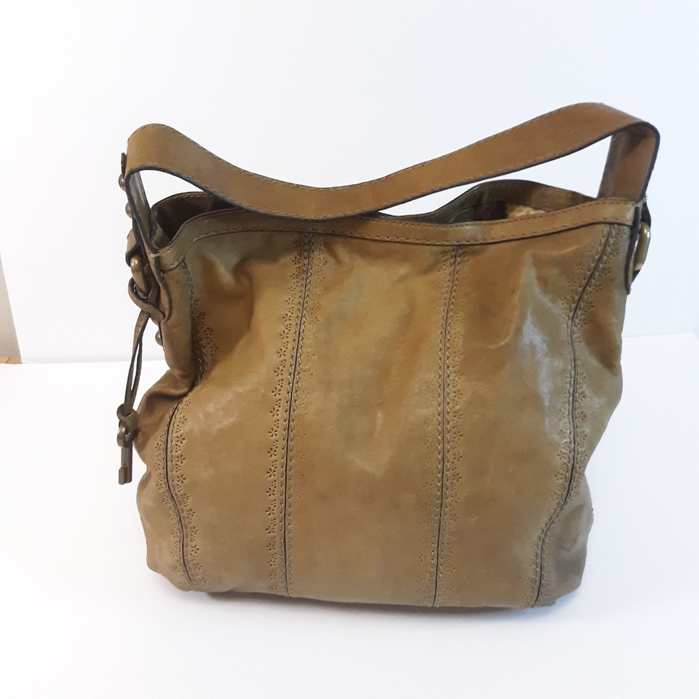 Fossil Floral Tooled Leather Hobo Bucket Bag Green Tan Brown